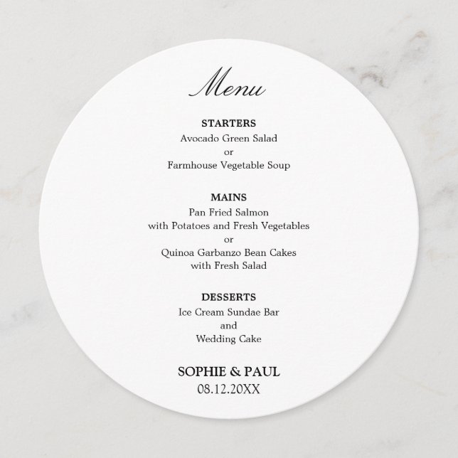 Elegant Minimalist Round Wedding Menu (Front)
