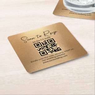 elegant minimalist rsvp qr code wedding golden square paper coaster