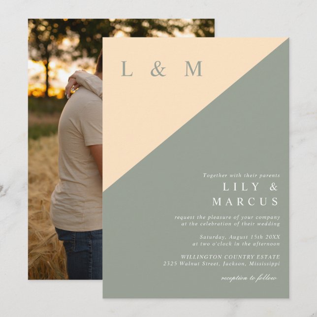 Elegant Minimalist Sage Green Cream Wedding Photo Invitation (Front/Back)