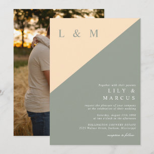 Elegant Minimalist Sage Green Cream Wedding Photo Invitation
