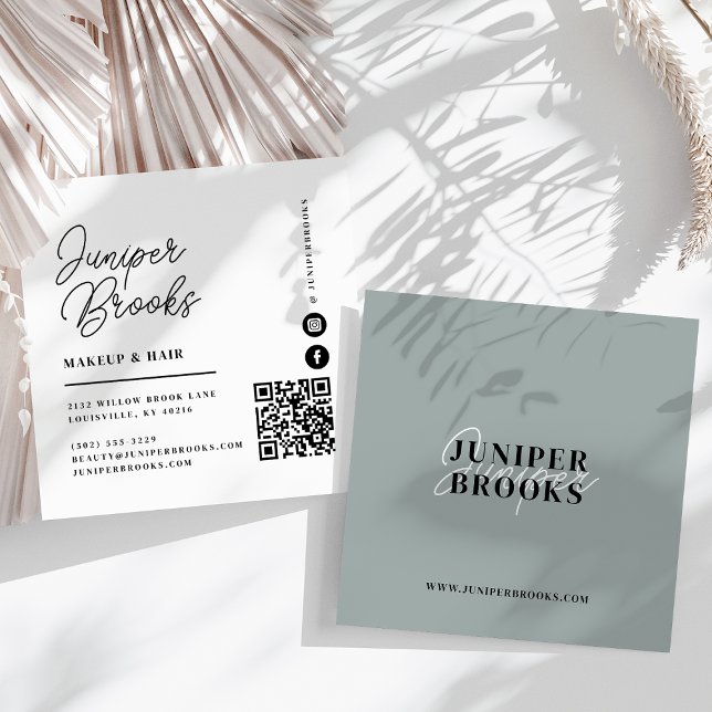 Elegant Minimalist Sage Green QR Code Square Business Card (Creator Uploaded)