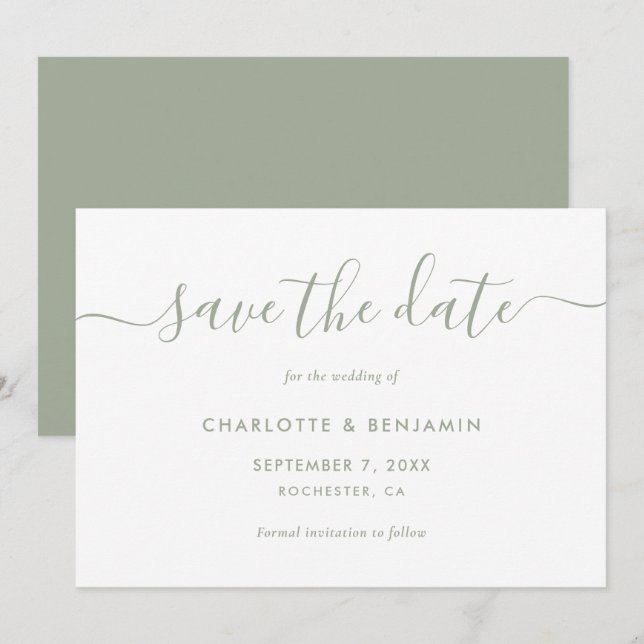 Elegant Minimalist Sage Green Wedding Save The Date (Front/Back)