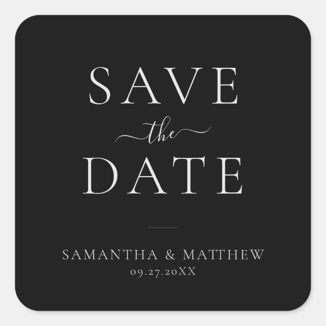 Elegant Minimalist Save The Date Black Square Sticker (Front)