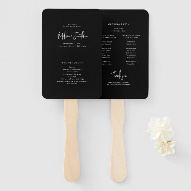 Elegant Minimalist Script Black Wedding Program Hand Fan (Front and Back)