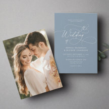 Elegant Minimalist Script Dusty Blue Photo Wedding