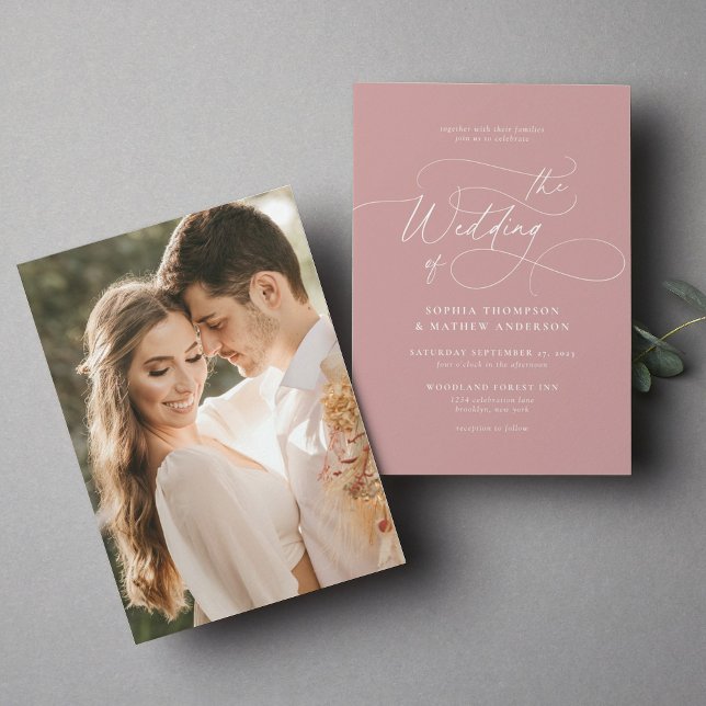 Elegant Minimalist Script Dusty Pink Photo Wedding Invitation (Creator Uploaded)