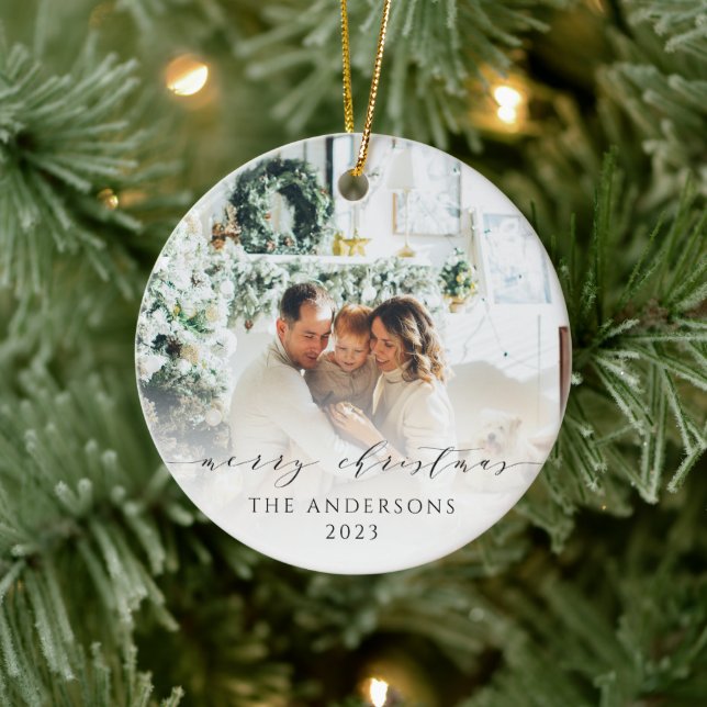 Elegant Minimalist Script Merry Christmas Photo Ceramic Ornament (Tree)