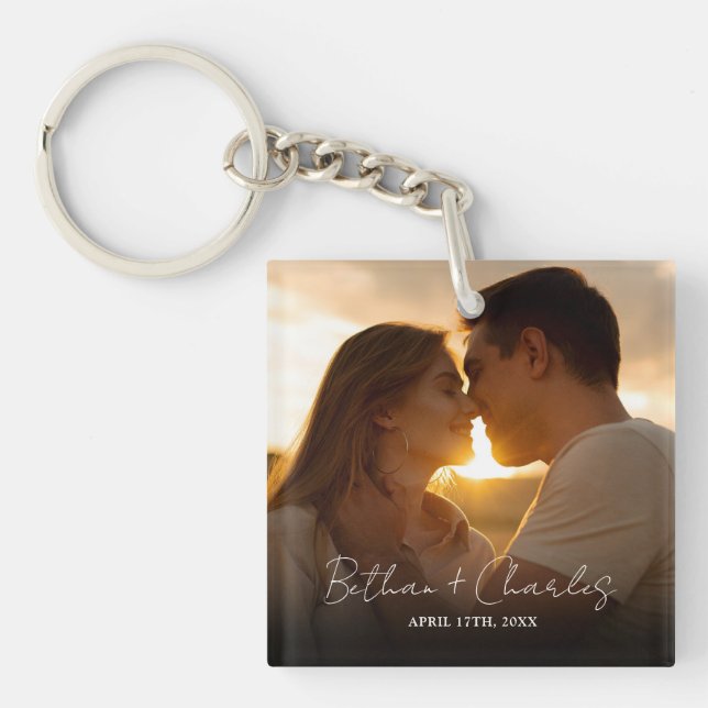 Elegant Minimalist Script Photo Keychain (Front)