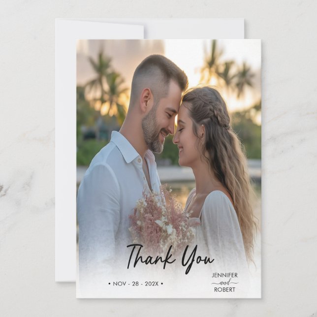 Elegant Minimalist Script Photo Wedding Thank You  Card (Front)