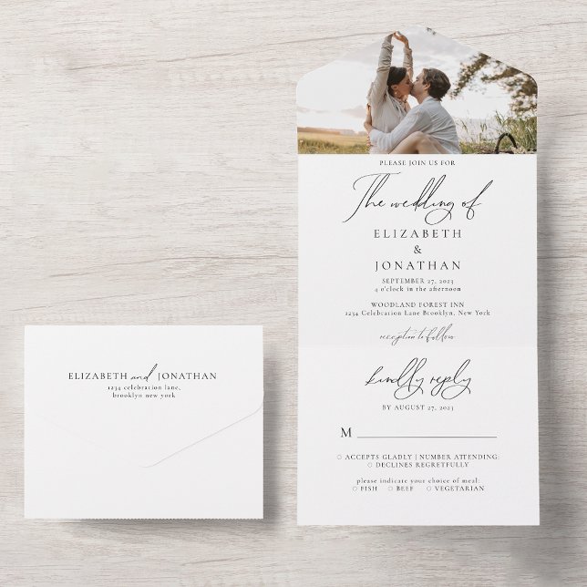 Elegant Minimalist Script White Photo Rsvp Wedding All In One Invitation (Creator Uploaded)