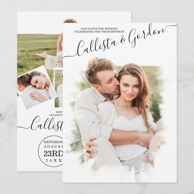 Elegant Minimalist Scripted Photo Collage Wedding Invitation (Front/Back)
