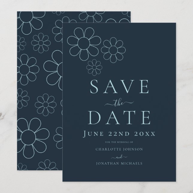 Elegant Minimalist Simple Daisy Navy Blue Wedding Save The Date (Front/Back)
