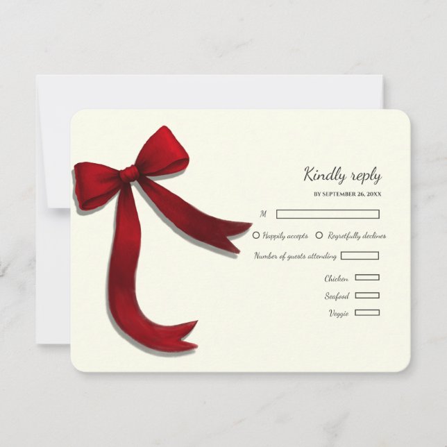 Elegant Minimalist Simple wedding red bow RSVP Car Card (Front)