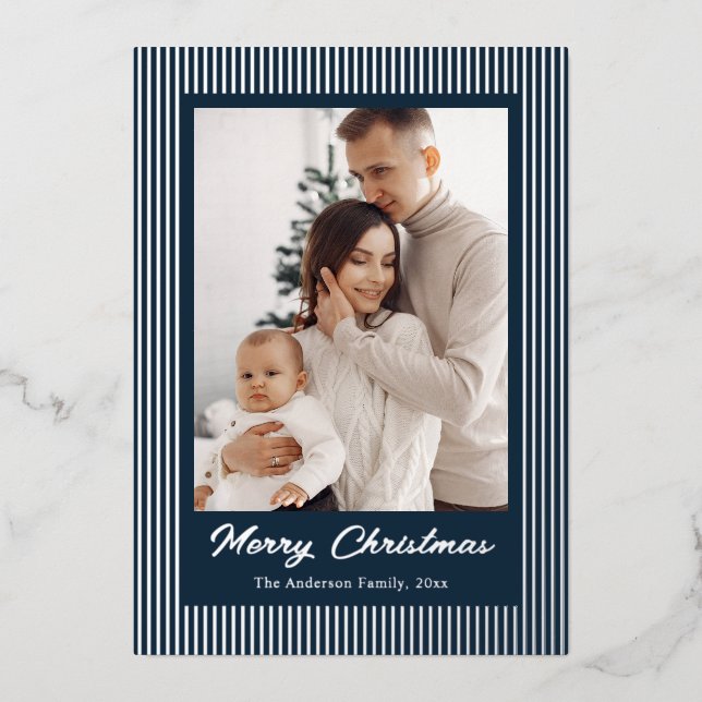 Elegant Minimalist Striped Navy Blue Christmas Foil Holiday Card (Front)