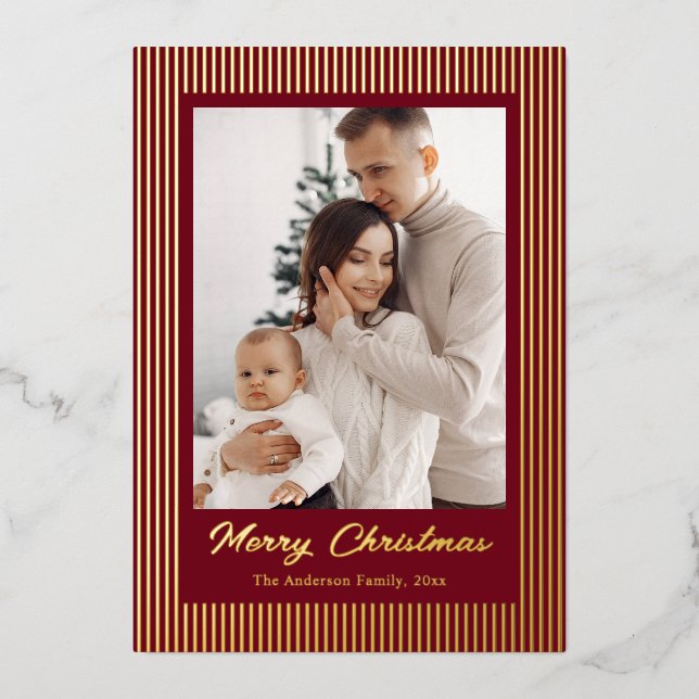 Elegant Minimalist Striped Red Gold Christmas Foil Holiday Card (Front)