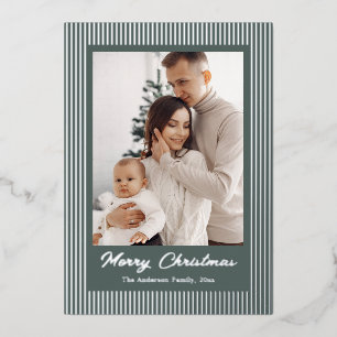 Elegant Minimalist Striped Sage Green Christmas Foil Holiday Card
