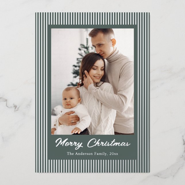 Elegant Minimalist Striped Sage Green Christmas Foil Holiday Card (Front)