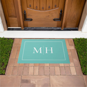 Elegant Minimalist Teal Green White Monogram Doormat