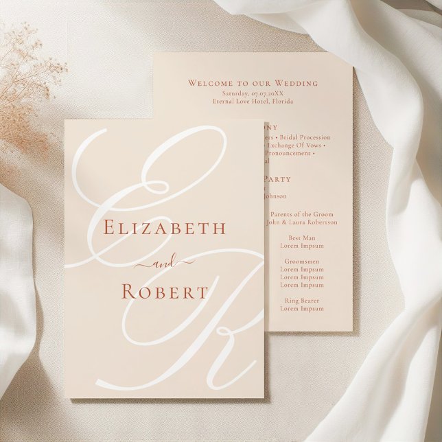 Elegant Minimalist Terracotta Monogram Wedding Program (Elegant Minimalist Terracotta Monogram Wedding Program on an elegant silky tableclothes)