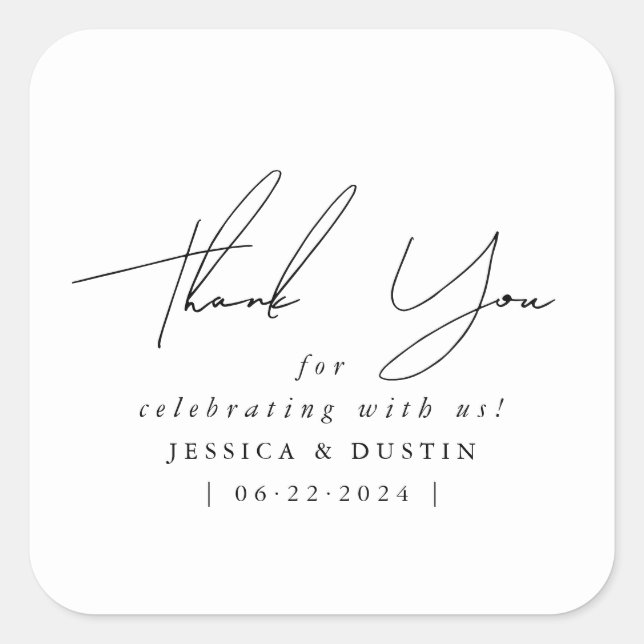 Elegant Minimalist Thank You Black Script Square Sticker (Front)