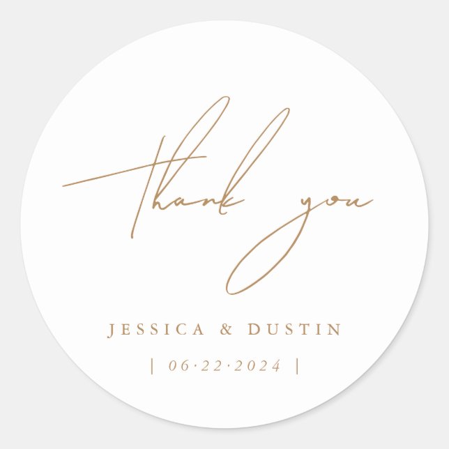 Elegant Minimalist Thank You Script Gold Classic Round Sticker (Front)
