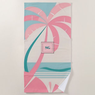 Elegant Minimalist tropical pink teal monogram Beach Towel