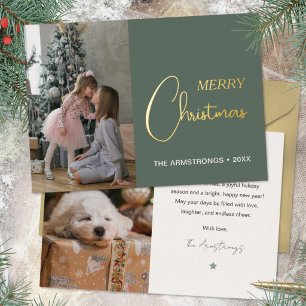 Elegant Minimalist Two Photo Rose Gold Christmas Foil Holiday Card