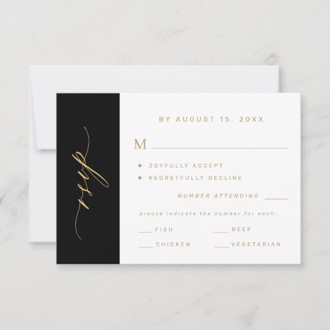 Elegant minimalist typography gold black wedding RSVP card (Front)