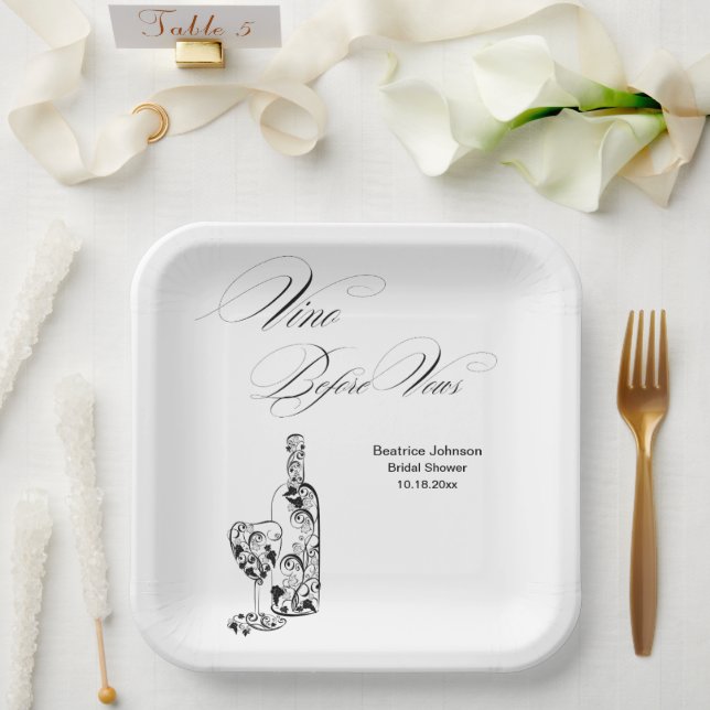 Elegant Minimalist Vino Before Vows Bridal Shower Paper Plate (Wedding)