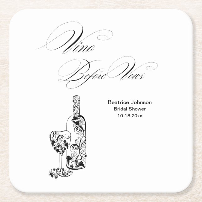Elegant Minimalist Vino Before Vows Bridal Shower Square Paper Coaster (Front)