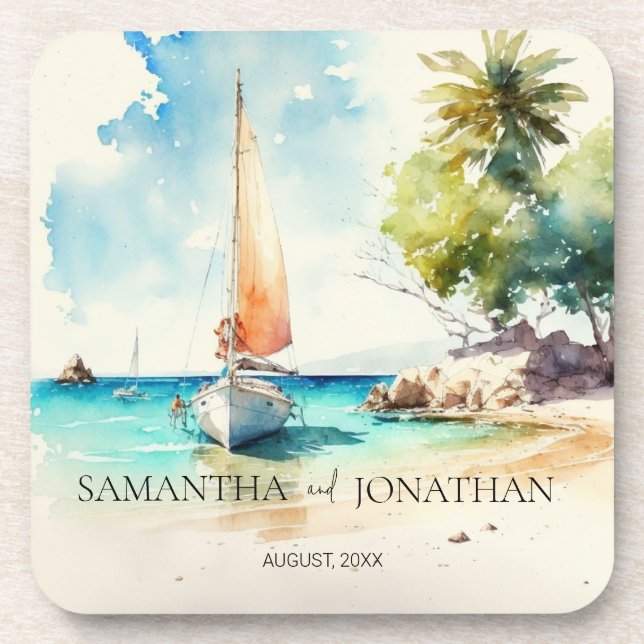 Elegant minimalist watercolor boat cruise wedding  coaster (Front)
