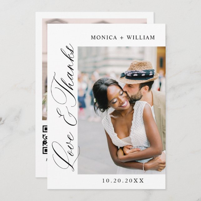 Elegant Minimalist Wedding 2 Photo QR code Thank You Card (Front/Back)