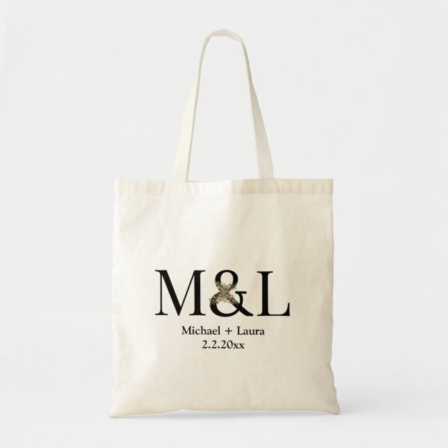 elegant minimalist wedding floral monogram  tote bag (Front)