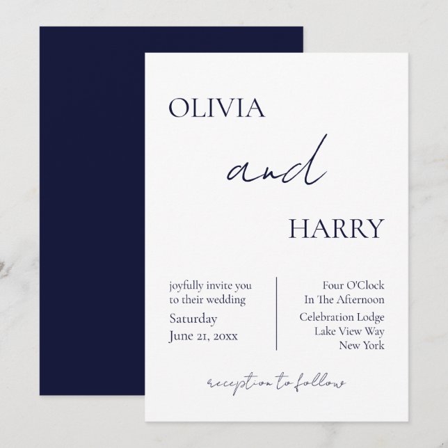 Elegant Minimalist Wedding Invitation Navy White (Front/Back)