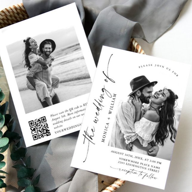 Elegant Minimalist Wedding Photo QR code 2 PHOTO Invitation (Creator Uploaded)