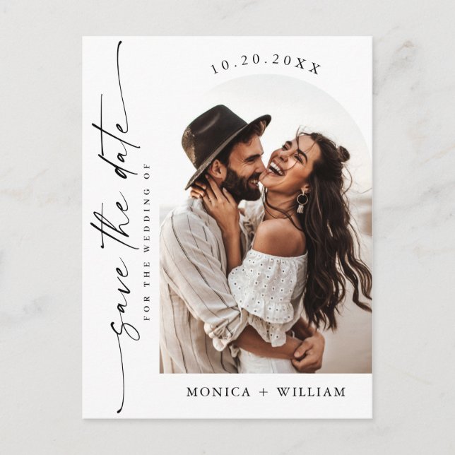 Elegant Minimalist Wedding Photo QR Save The Date Postcard (Front)