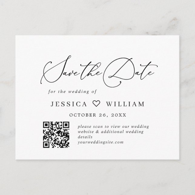 Elegant Minimalist Wedding Save the Date QR code Postcard (Front)