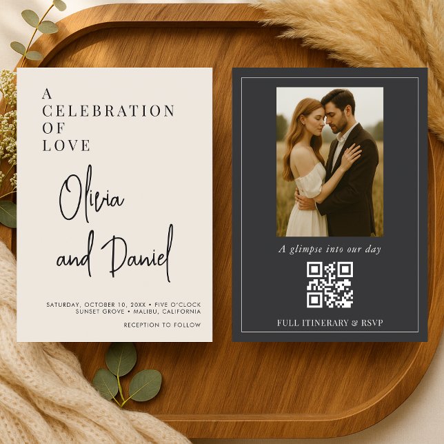 Elegant Minimalist Wedding Script Photo QR Code  Invitation (Creator Uploaded)