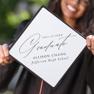 Elegant Minimalist White and Black Graduation Cap Topper