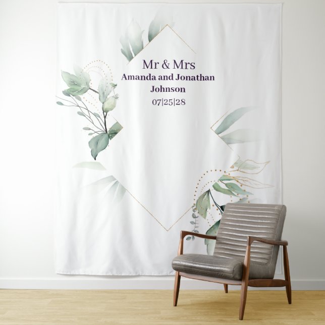 Elegant Minimalist White Greenery Wedding Backdrop Tapestry (In Situ)