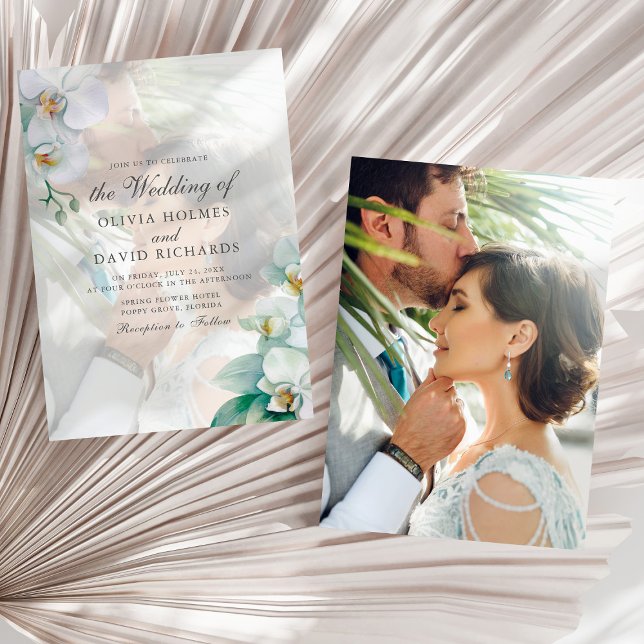 Elegant Minimalist White Orchid Photo Wedding Invitation (Elegant Minimalist White Orchid Photo Wedding Invitation on a sunny white dry palm leaf.)