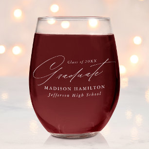 Elegant Minimalist White Script Graduation Stemless Wine Glass