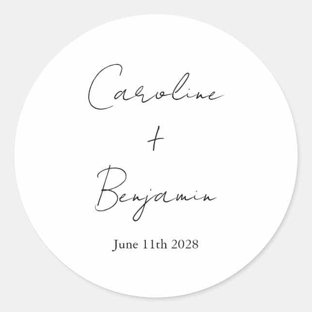 Elegant Minimalist White Script Wedding Custom Classic Round Sticker (Front)