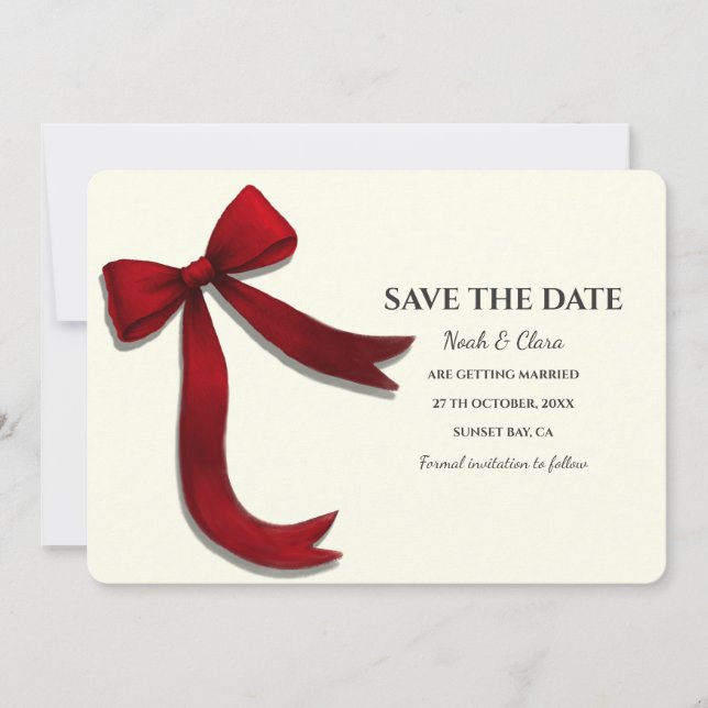 Elegant Minimalist with Red Bow - Simple classic Save The Date (Front)