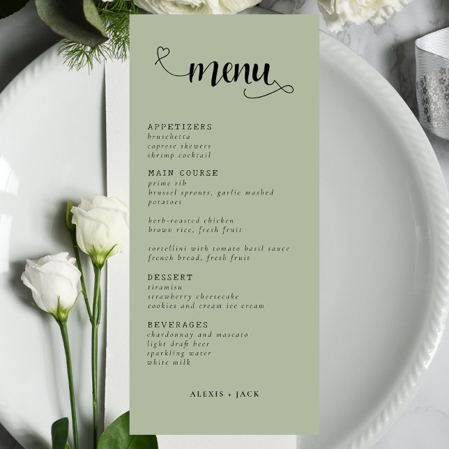 Élégant minimaliste Sage Green Mariage Menu Table (Créateur téléchargé)
