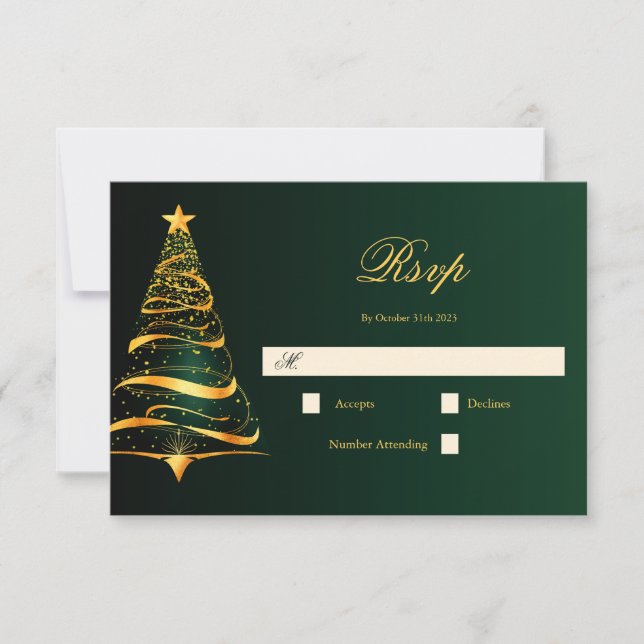 Elegant Minimalistic Golden Christmas Tree Wedding RSVP Card (Front)