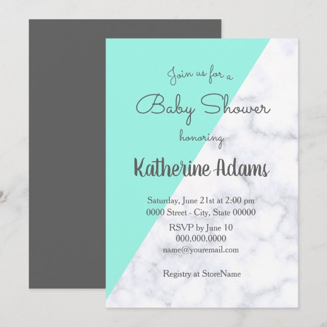 Elegant mint and white marble baby shower invitation (Front/Back)