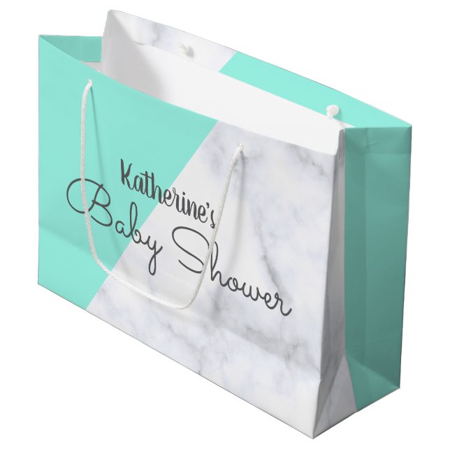 Elegant mint and white marble baby shower large gift bag (Front Angled)