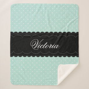 Elegant Mint Blue Polka Dot Black Lace Custom Name Sherpa Blanket
