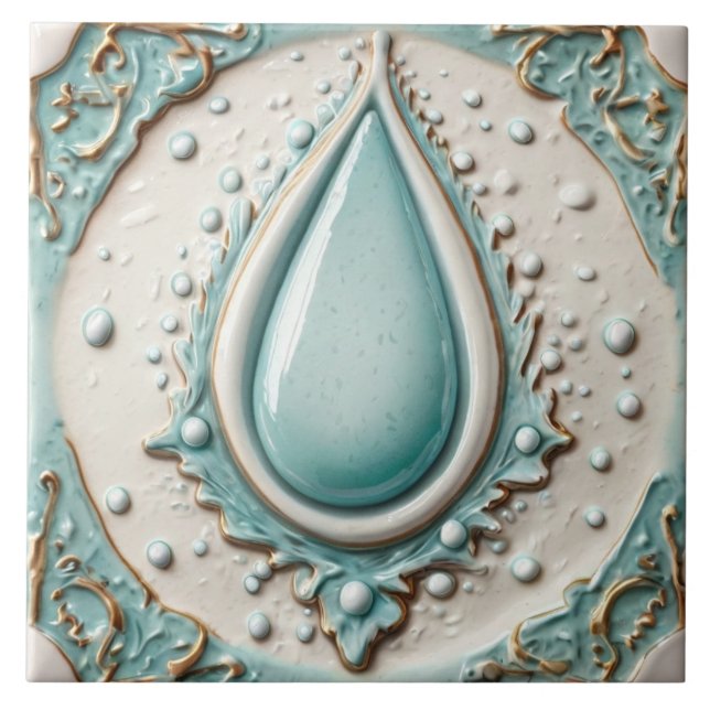 Elegant Mint Blue & White Water Droplet Bathroom Tile (Front)